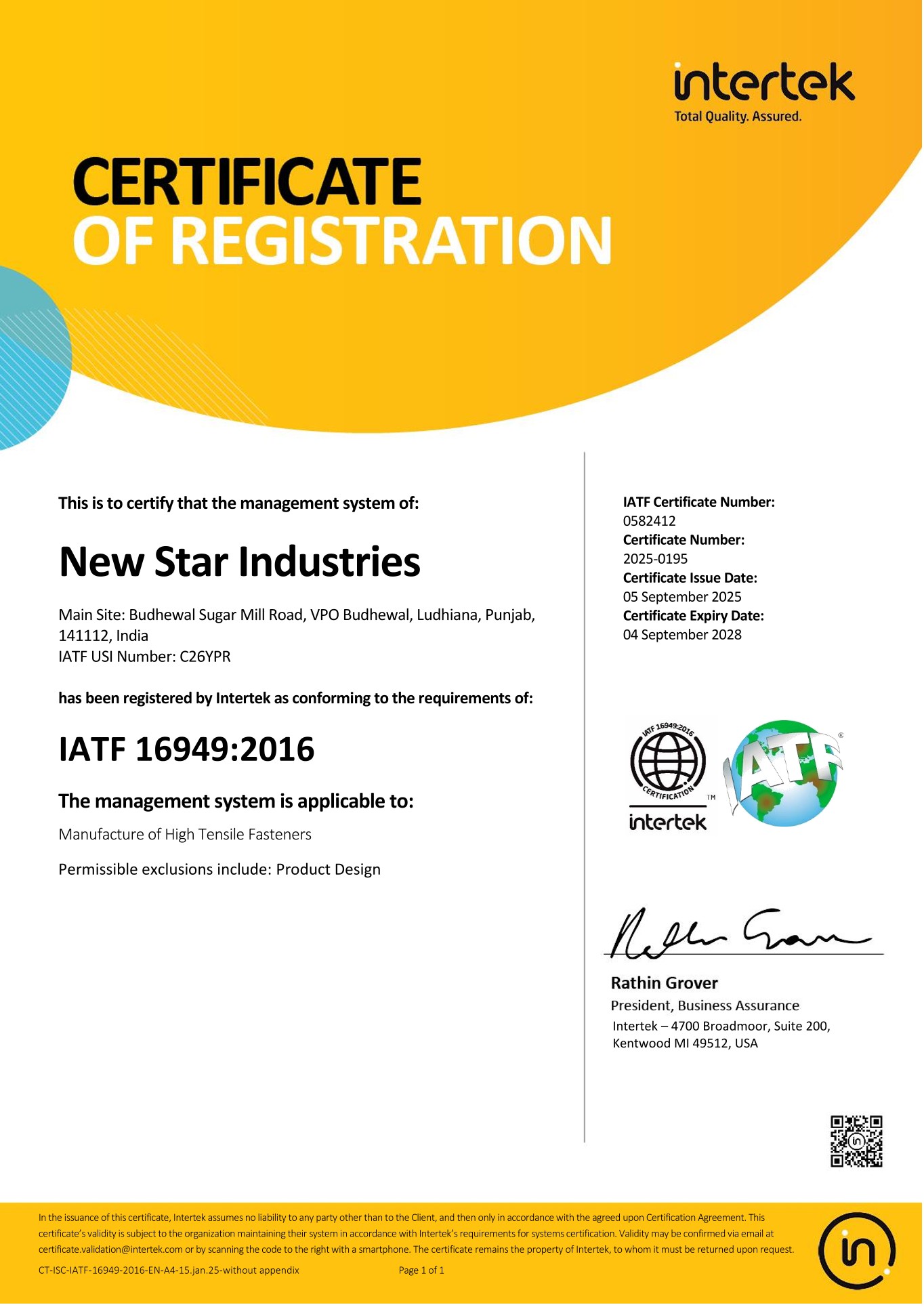 IATF 16949:2016 Certificate - New Star Industries